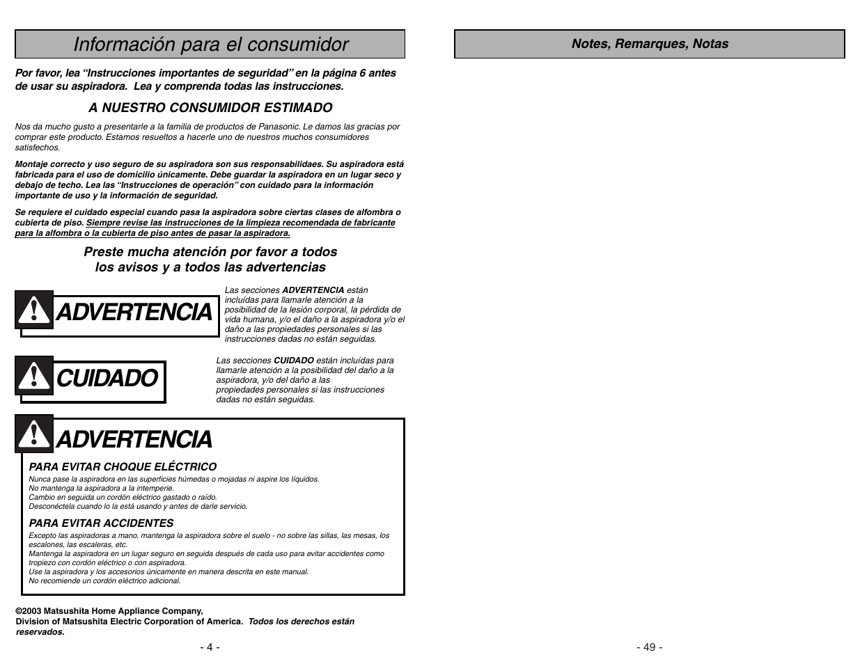 Advertencia, Cuidado, Información para el consumidor | Panasonic MC-V7312 User Manual | Page 49 / 52