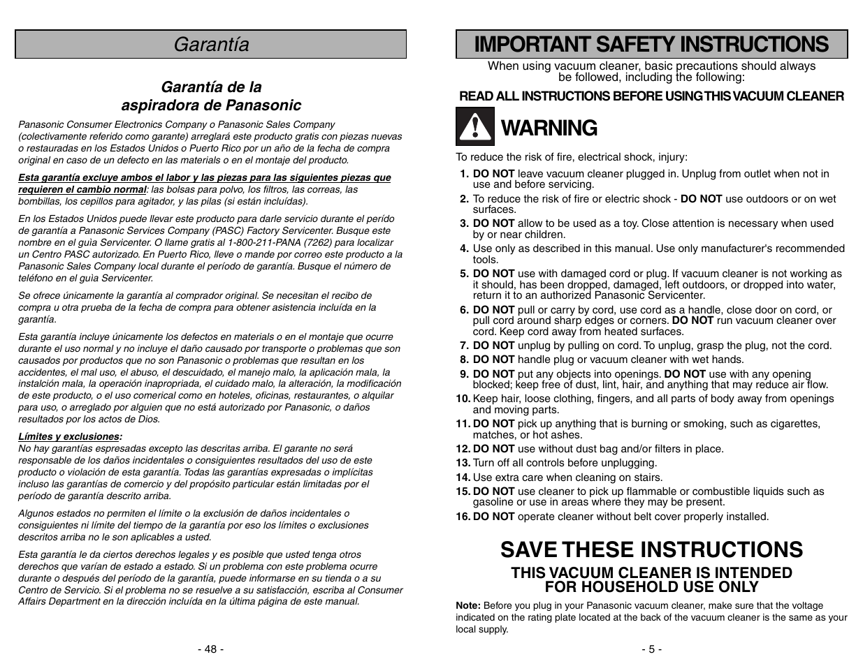 Important safety instructions, Warning, Save these instructions | Garantía, Garantía de la aspiradora de panasonic | Panasonic MC-V7312 User Manual | Page 5 / 52