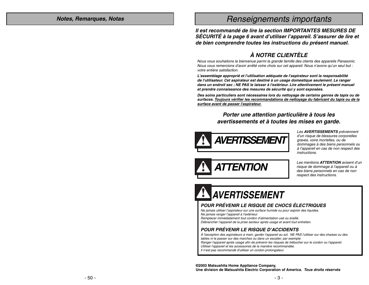 Attention, Avertissement, Renseignements importants | Panasonic MC-V7312 User Manual | Page 50 / 52