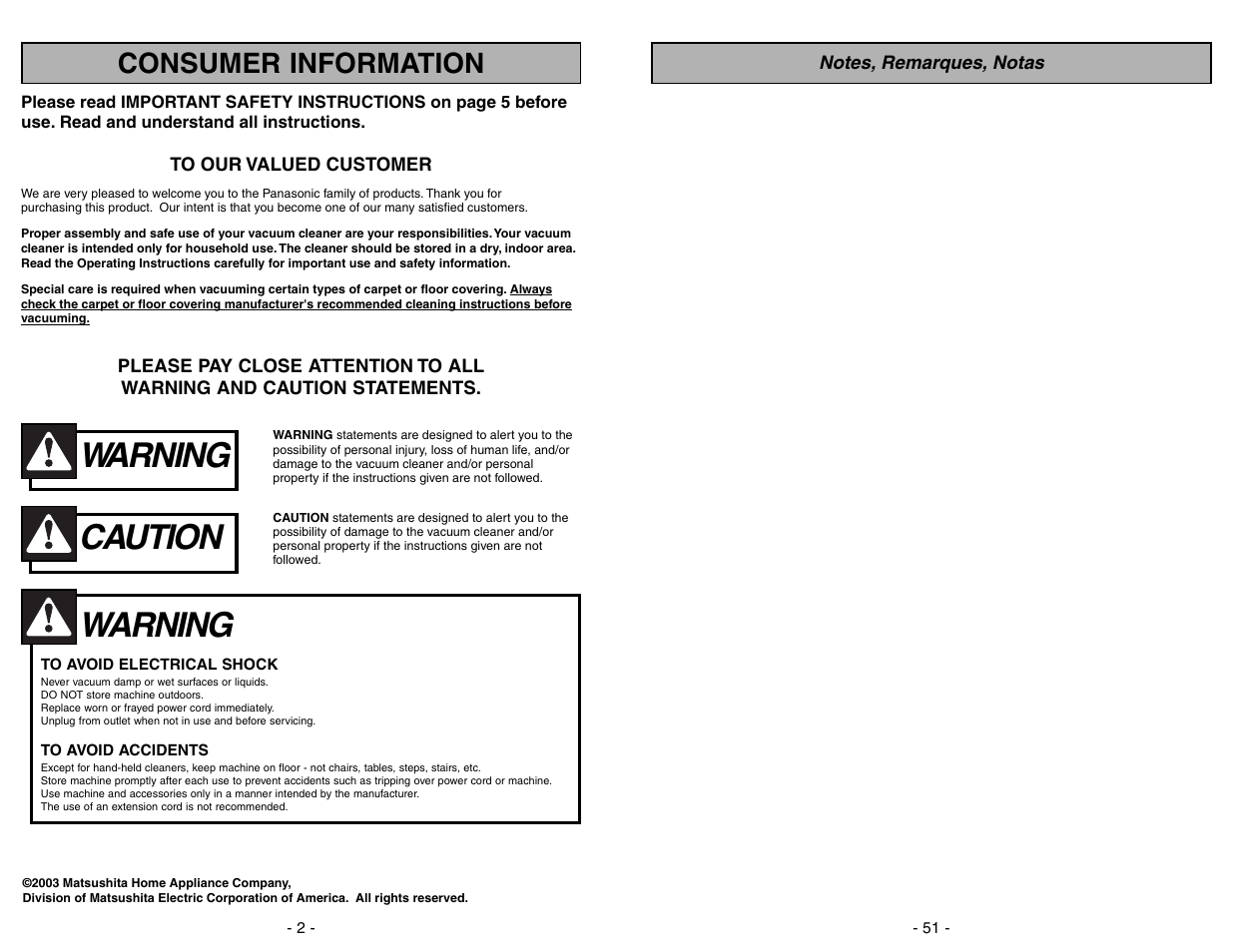 Warning, Caution, Consumer information | Panasonic MC-V7312 User Manual | Page 51 / 52