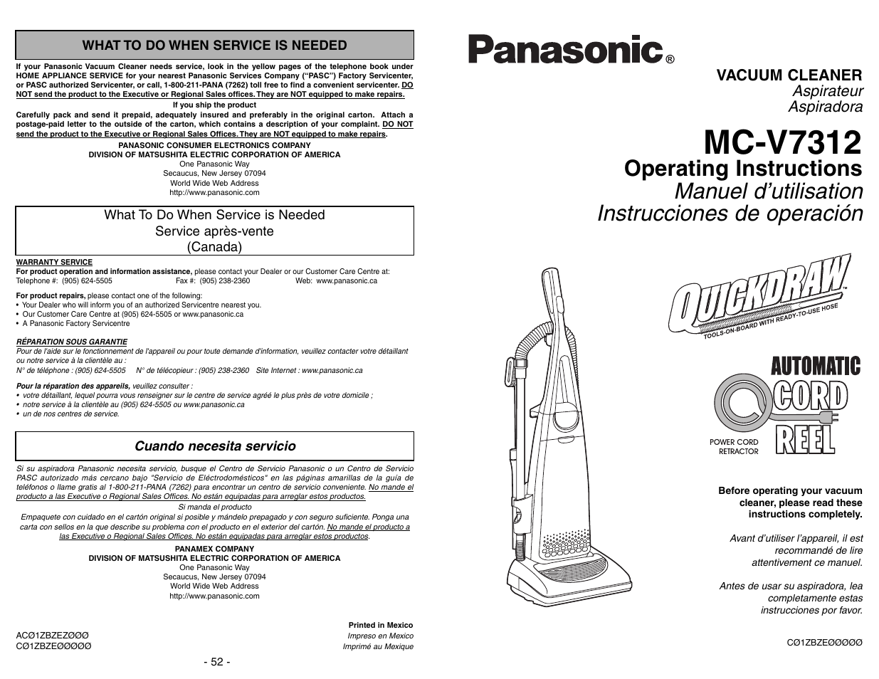 What to do when service is needed, Service apres-vente, Cuando necesita servicio | Mc-v7312, Aspirateur aspiradora, Vacuum cleaner | Panasonic MC-V7312 User Manual | Page 52 / 52