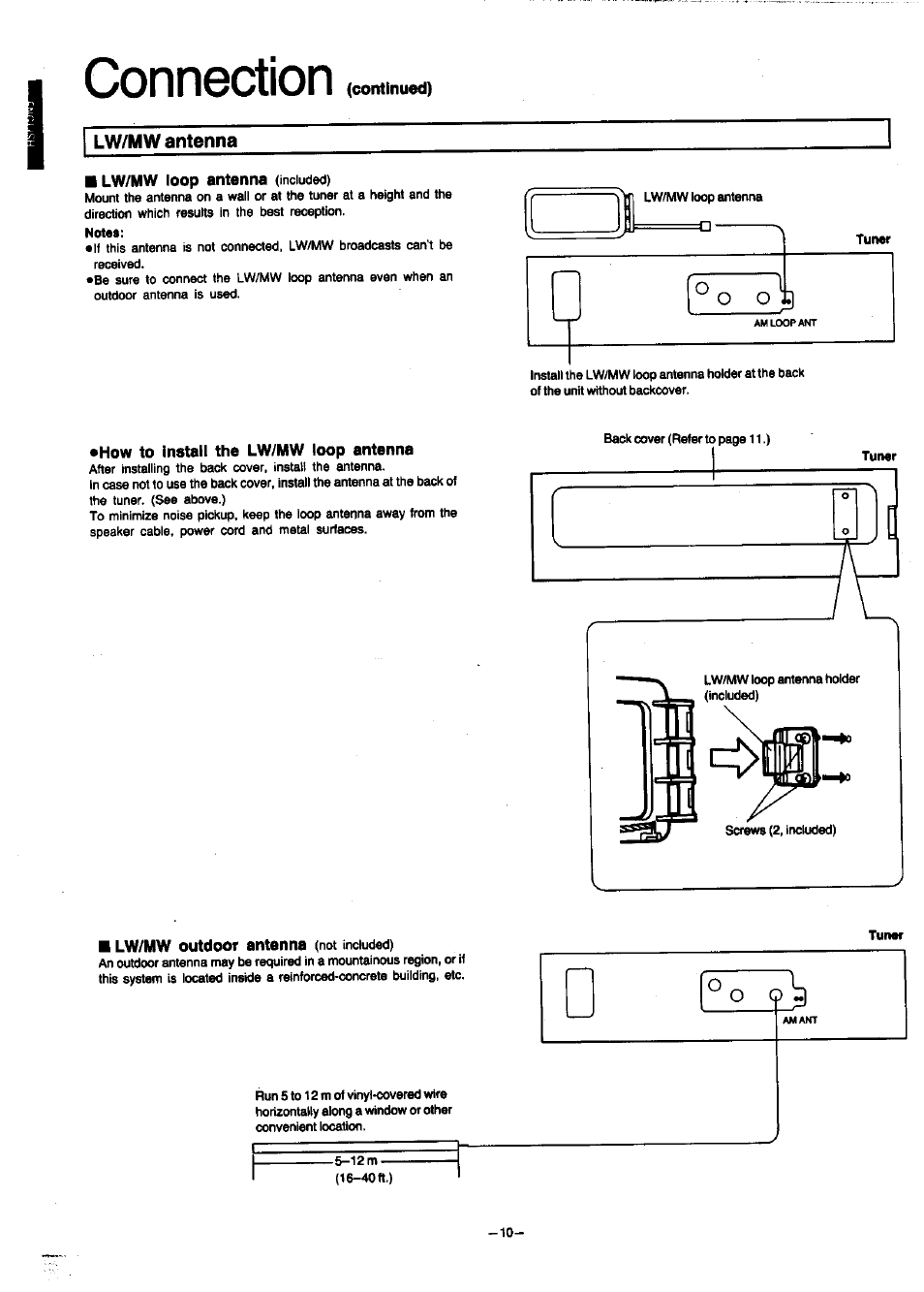 Lw/mw antenna, Lw/mw loop antenna (included), How to install the lw/mw loop antenna | Lw/mw outdoor antenna (not included), Connection | Panasonic SC-CH7 User Manual | Page 10 / 61