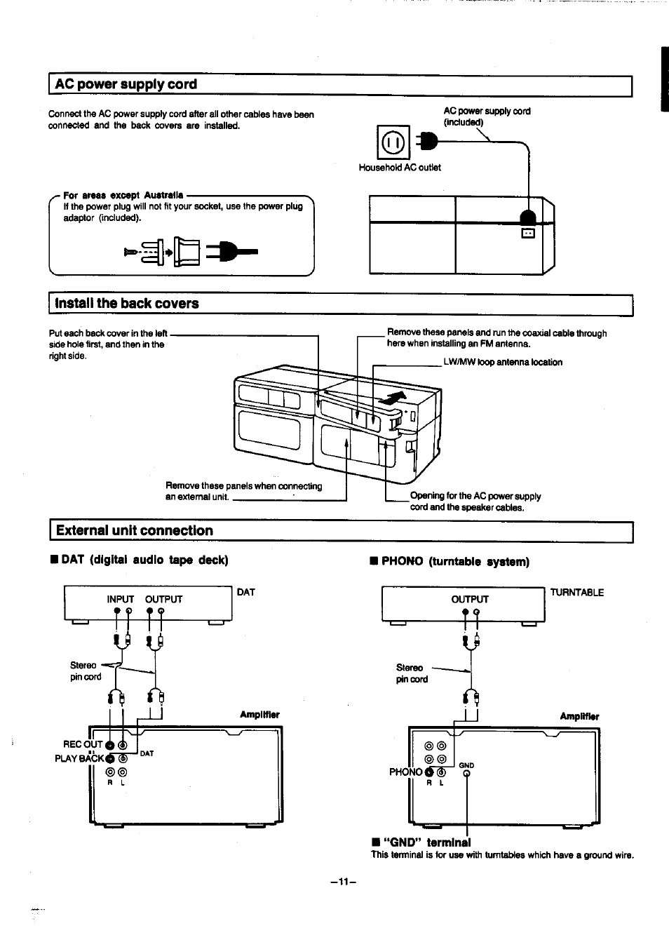 Ac power supply cord, Install the back covers | Panasonic SC-CH7 User Manual | Page 11 / 61