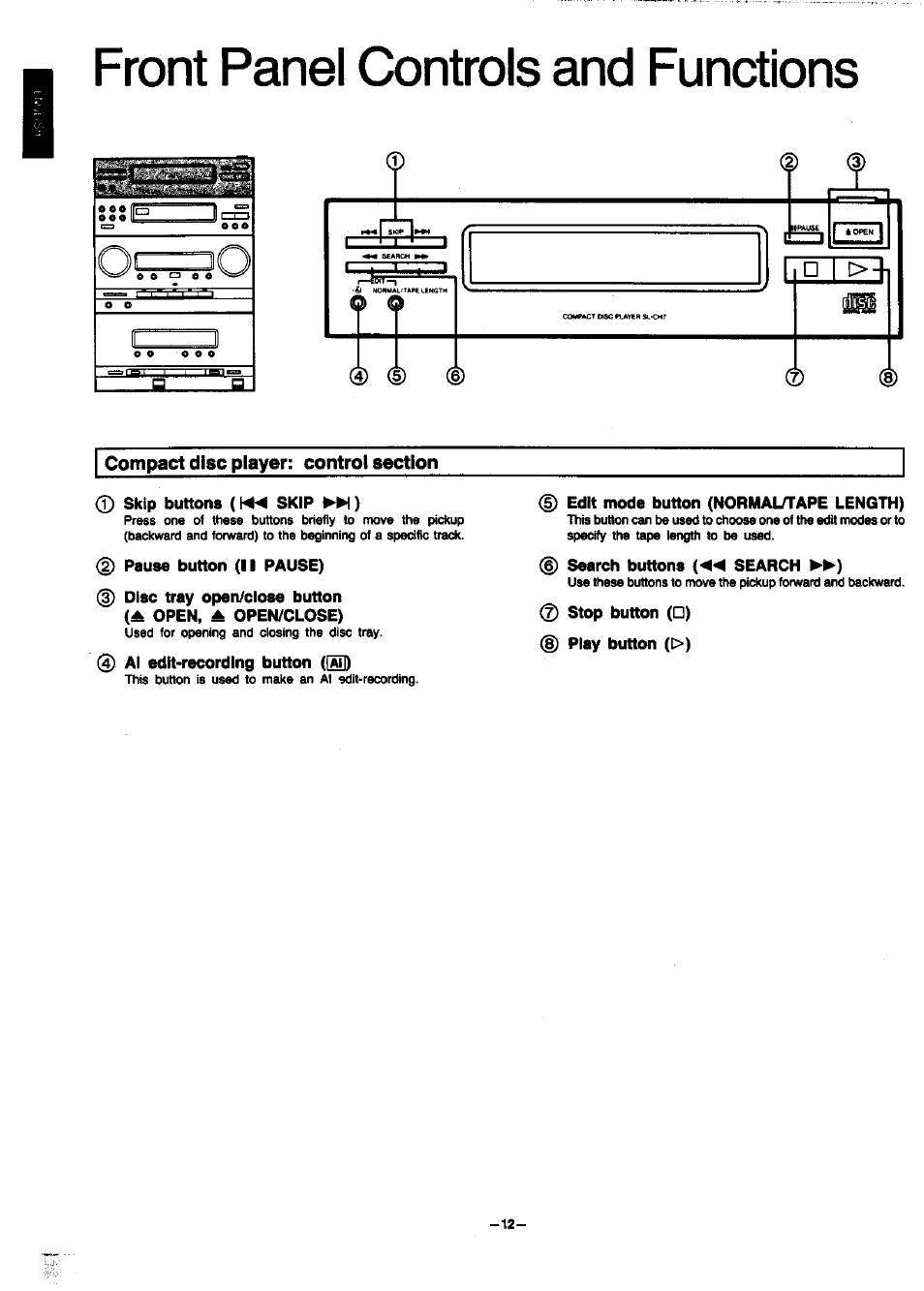 Compact disc player: control section, Skip buttons (skip ►►(), Pause button (ii pause) | Disc tray open/close button (a open, ▲ open/close), 0 al edit-recording button ([ao), Edit mode button (normal/tape length), Search buttons {« search ►►), Stop button (□), Play button (>), Front panel controls and functions | Panasonic SC-CH7 User Manual | Page 12 / 61