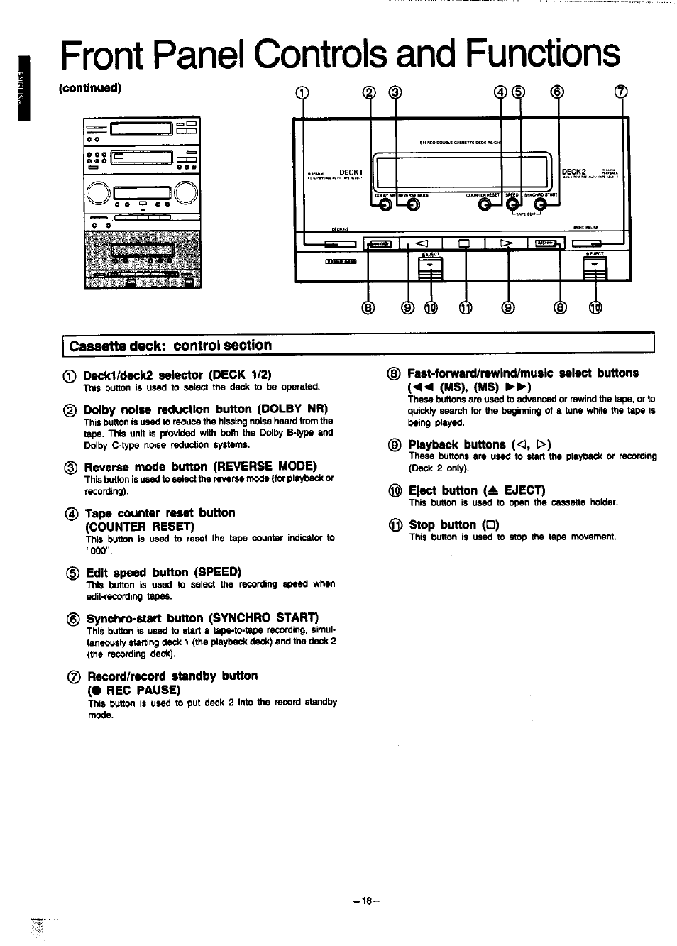 Continued), Cassette deck: control section, 0 deck1/deck2 selector (deck 1/2) | 2) dolby noise reduction button (dolby nr), Reverse mode button (reverse mode), Tape counter reset button (counter reset), Edit speed button (speed), G) synchro-start button (synchro start), 0 record/record standby button (• rec pause), Playback buttons (o. >) | Panasonic SC-CH7 User Manual | Page 18 / 61