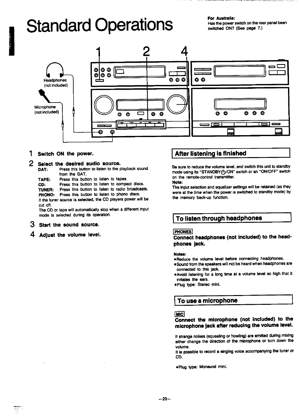 Switch on the power, Select the desired audio source, Start the sound source | Adjust the voiume level, After listening is finished, To listen through headphones, To use a microphone, Standard operations | Panasonic SC-CH7 User Manual | Page 20 / 61