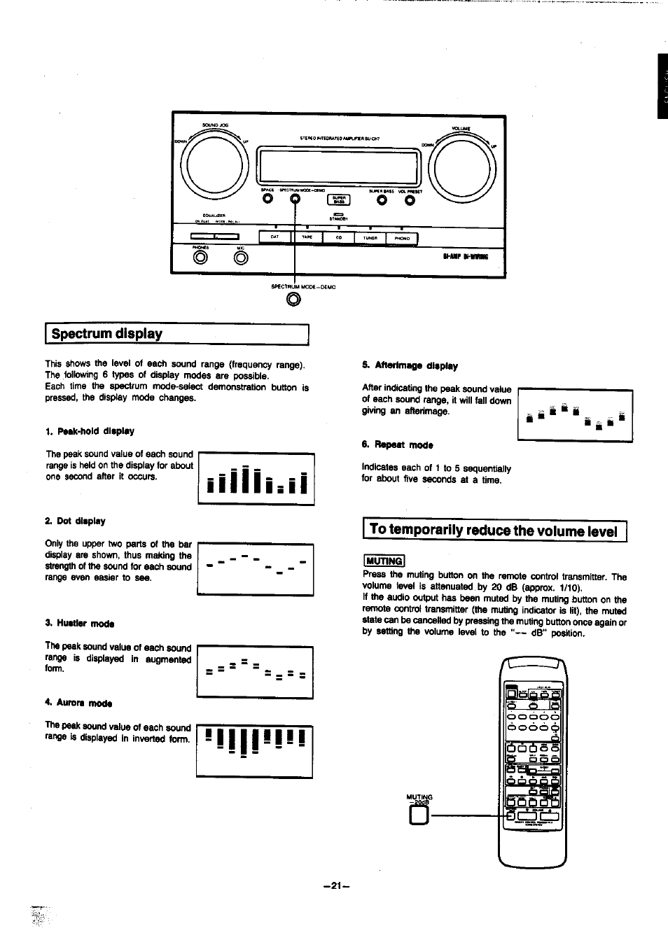 Spectrum display, To temporarily reduce the volume level | Panasonic SC-CH7 User Manual | Page 21 / 61