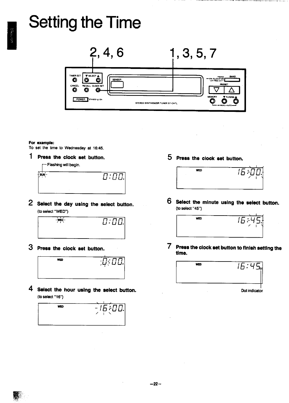 Setting the time, U • u u, U : u u | O • n n - i b ~ u u | Panasonic SC-CH7 User Manual | Page 22 / 61