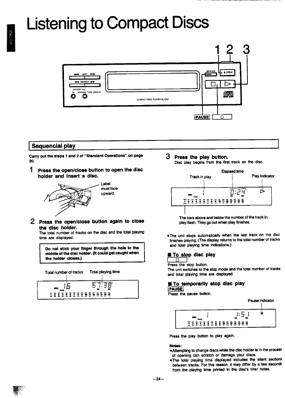 Sequencial play, 3 press the play button, To stop disc play | To temporarily stop disc play, Listening to compact discs, I □ i | Panasonic SC-CH7 User Manual | Page 24 / 61