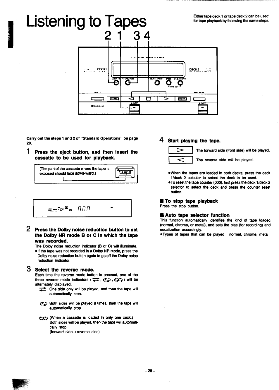 3 select the reverse mode, 4 start playing the tape, To stop tape playback | Auto tape selector function, Listening to tapes | Panasonic SC-CH7 User Manual | Page 28 / 61