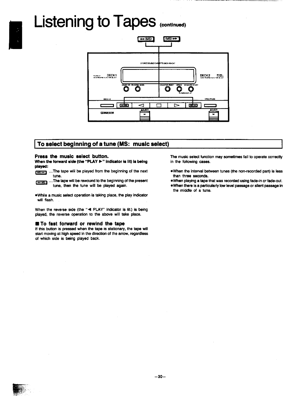 To select beginning of a tune (ms: music select), Press the music seiect button, To fast forward or rewind the tape | Listening to tapes | Panasonic SC-CH7 User Manual | Page 30 / 61