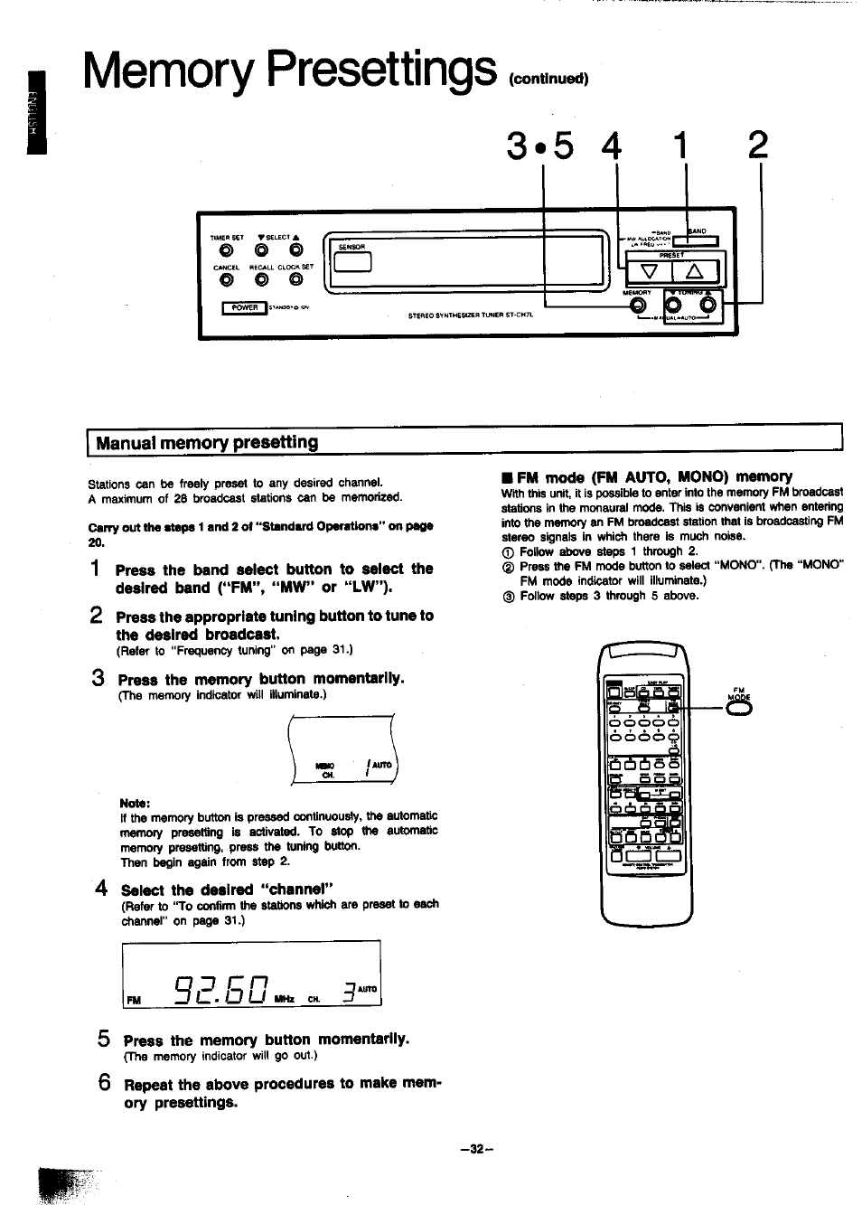 1 press the band select button to select the, Desired band *‘mw” or “lw’’), 3 press the memory button momentarily | Select the desired “channel, 5 press the memory button momentarily, Fm mode (fm auto, mono) memory | Panasonic SC-CH7 User Manual | Page 32 / 61
