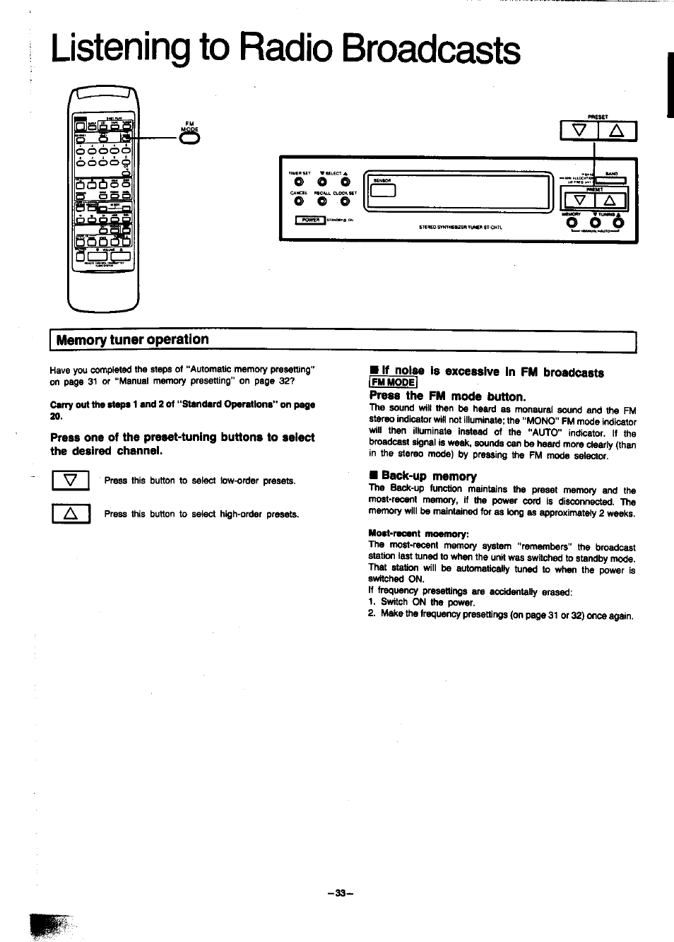 Memory tuner operation, M if noise is excessive in fm broadcasts, Press the fm mode button | Back-up memory, Listening to radio broadcasts | Panasonic SC-CH7 User Manual | Page 33 / 61