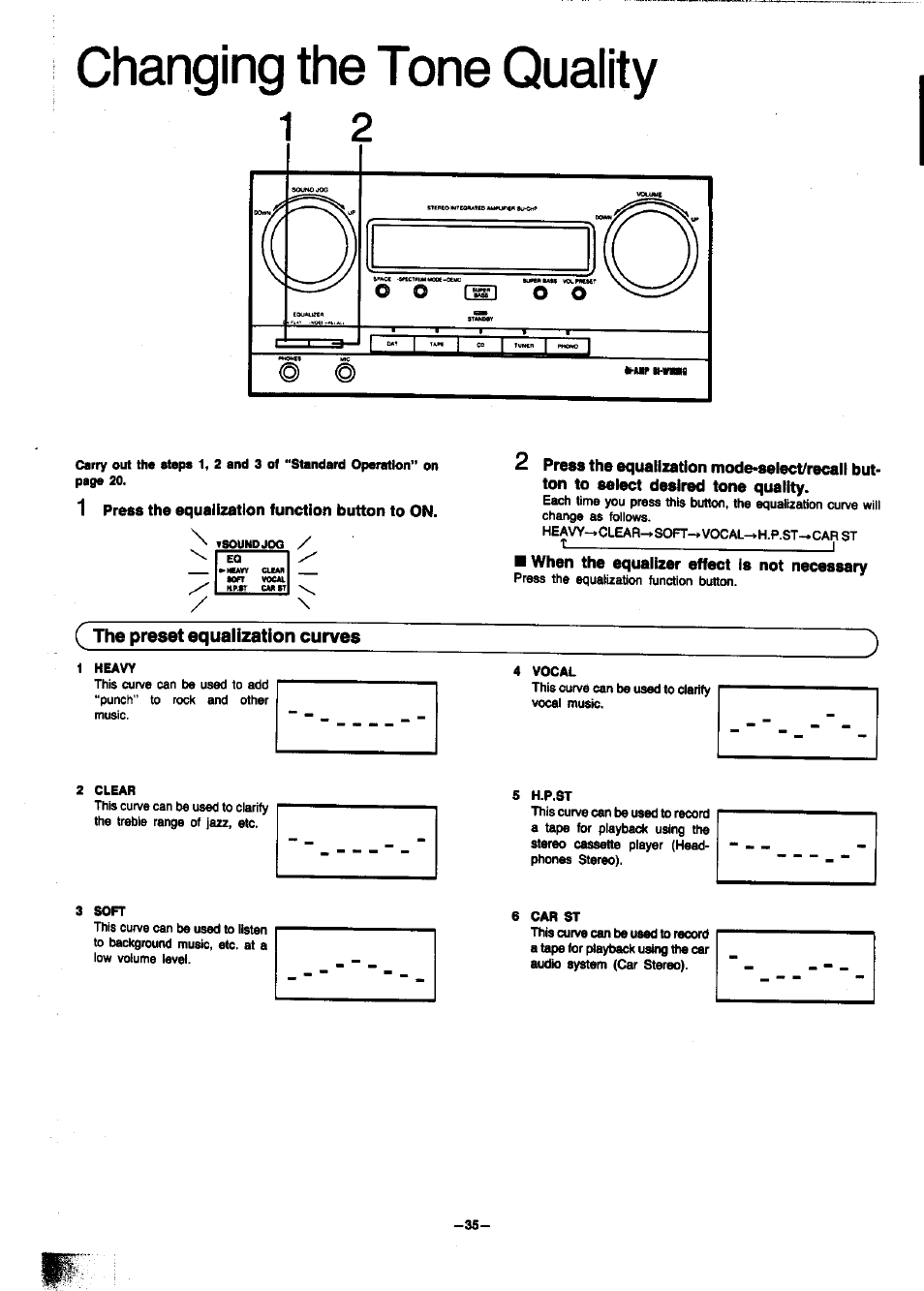 1 press the equalization function button to on, When the equalizer effect is not necessary, The preset equalization curves | Changing the tone quality | Panasonic SC-CH7 User Manual | Page 35 / 61