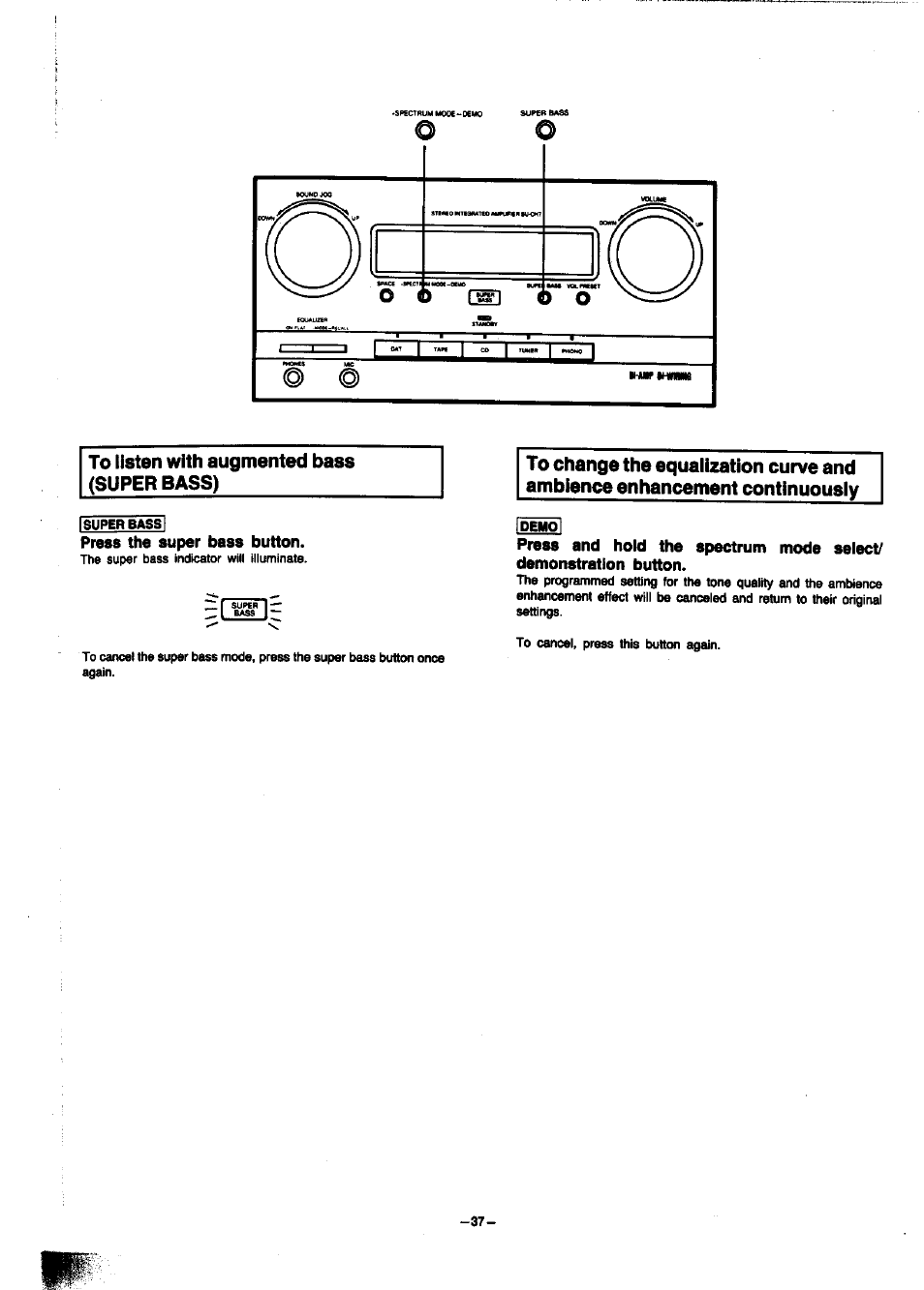 To listen with augmented bass (super bass), Press the super bass button | Panasonic SC-CH7 User Manual | Page 37 / 61