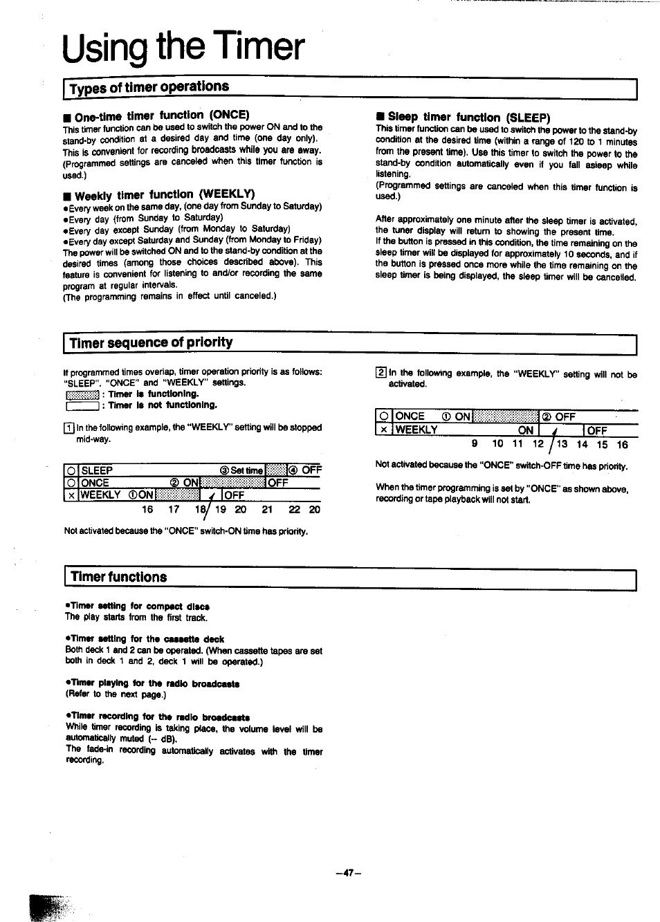 Types of timer operations, One-time timer function (once), Weekly timer function (weekly) | Sleep timer function (sleep), Timer sequence of priority, Timer functions, Using the timer | Panasonic SC-CH7 User Manual | Page 47 / 61