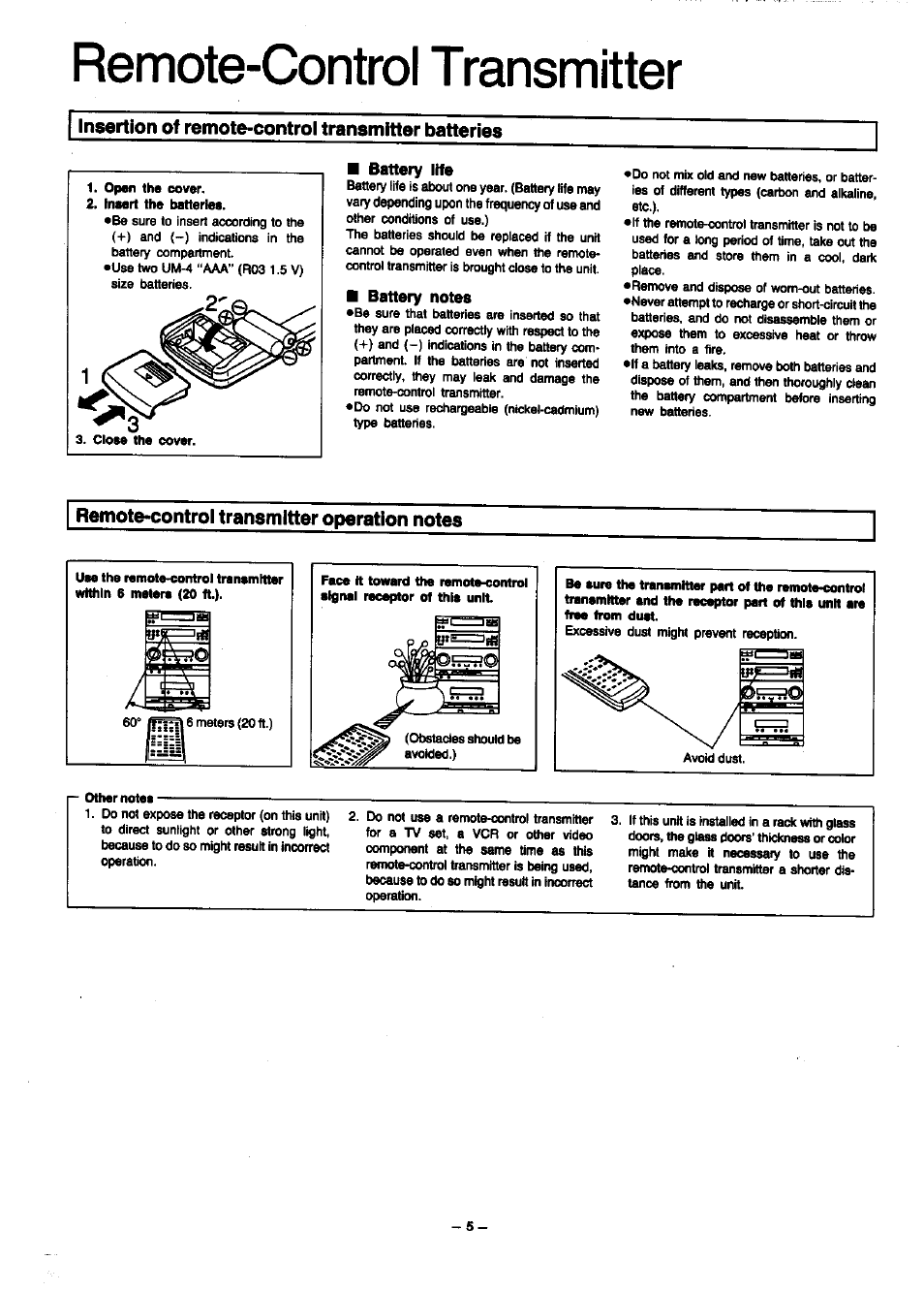 Battery ihe, Battery notes, Remote-control transmitter operation notes | Remote-control transmitter, Insertion of remote-control transmitter batteries | Panasonic SC-CH7 User Manual | Page 5 / 61