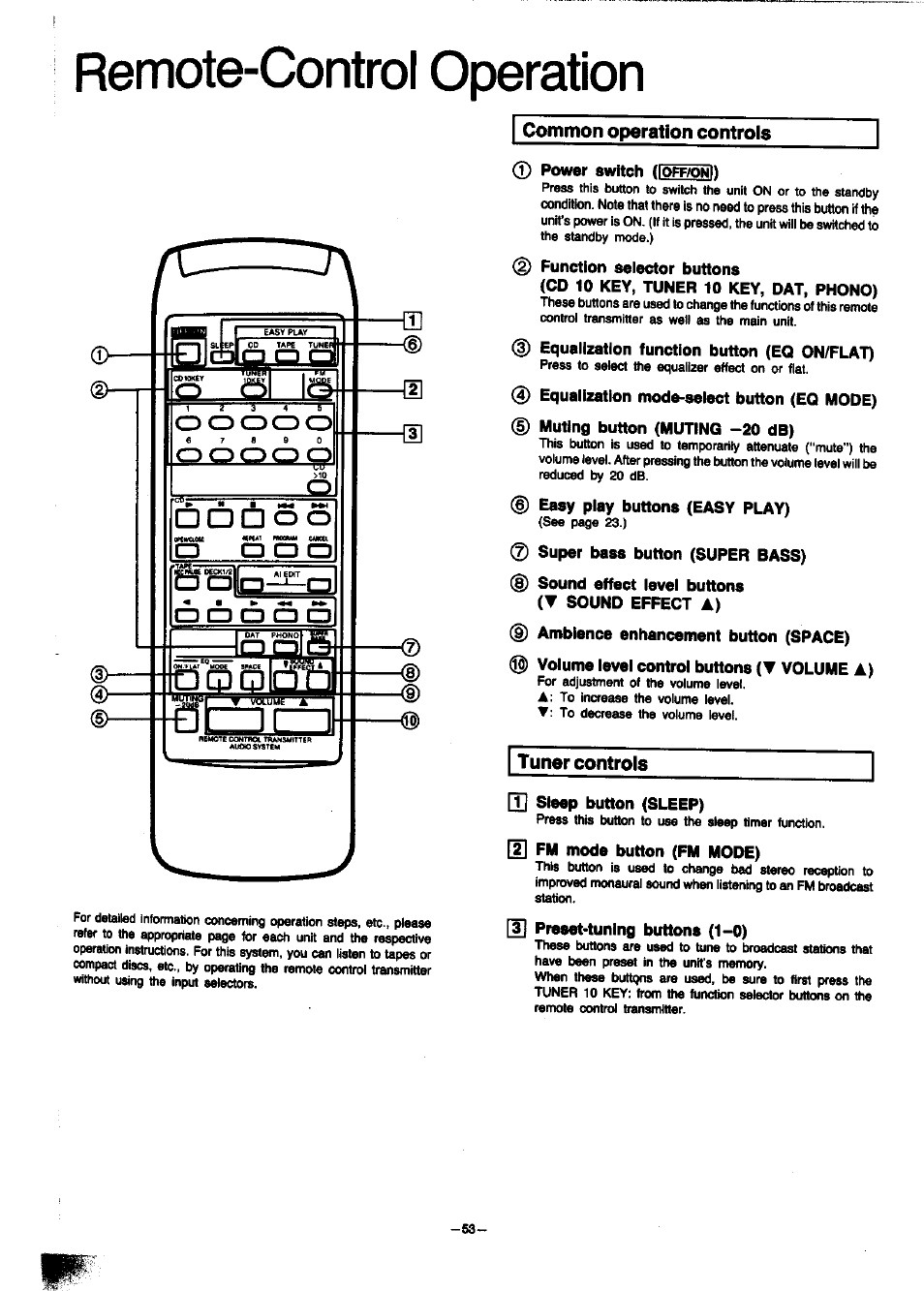 Dddoo, Common operation controls, Power switch (ioff/on | 2) function seiector buttons, Cd 10 key, tuner 10 key, dat, phono), D equailzation function button (eq on/flat), Equaiization mode-seiect button (eq mode), D muting button (muting -20 db), Easy piay buttons (easy play), Super bass button (super bass) | Panasonic SC-CH7 User Manual | Page 53 / 61