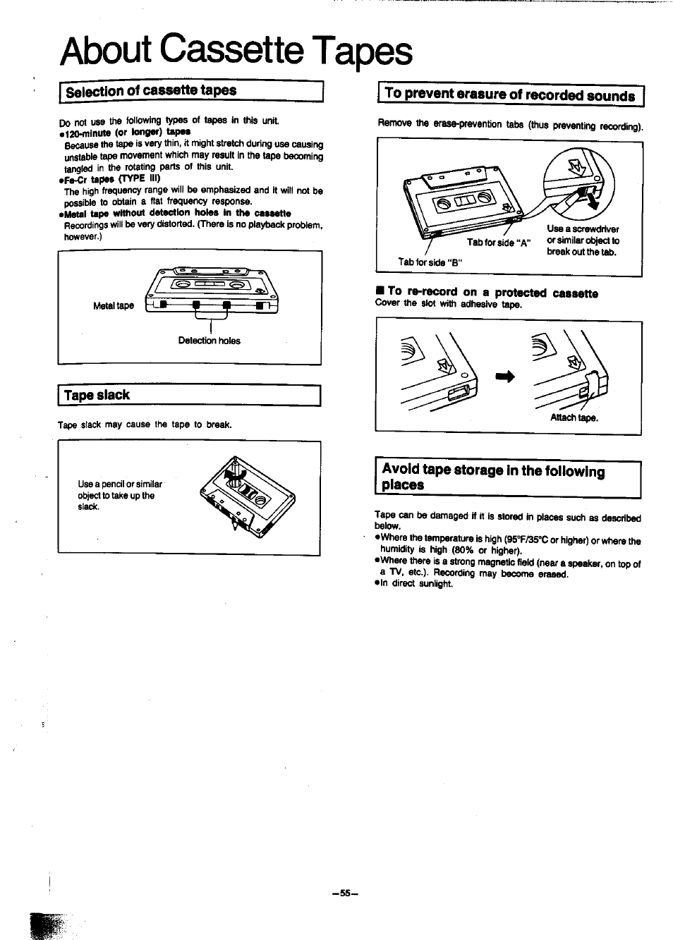 Selection of cassette tapes, To prevent erasure of recorded sounds, To re-record on a protected cassette | Avoid tape storage in the following places, About cassette tapes | Panasonic SC-CH7 User Manual | Page 55 / 61
