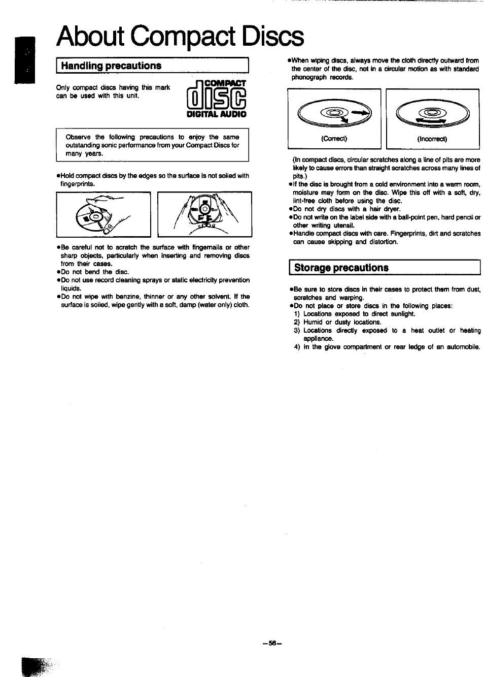 Handling precautions, Storage precautions, About compact discs | Panasonic SC-CH7 User Manual | Page 56 / 61