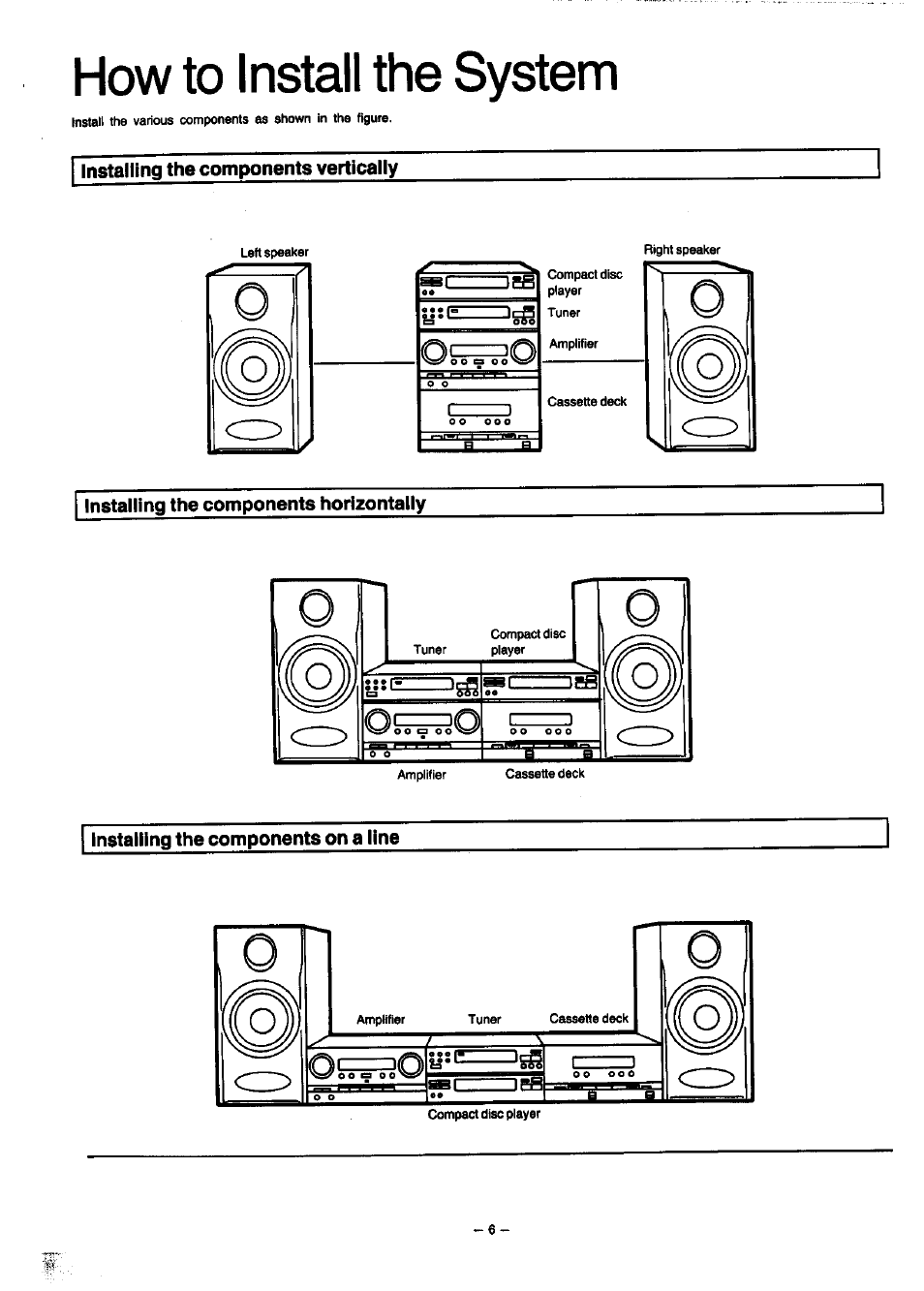 Installing the components vertically, Installing the components horizontally, Installing the components on a line | How to install the system | Panasonic SC-CH7 User Manual | Page 6 / 61