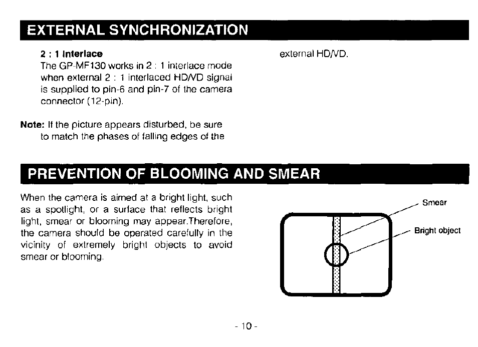 External synchronization, Prevention of blooming and smear | Panasonic GP-MF130 User Manual | Page 12 / 16