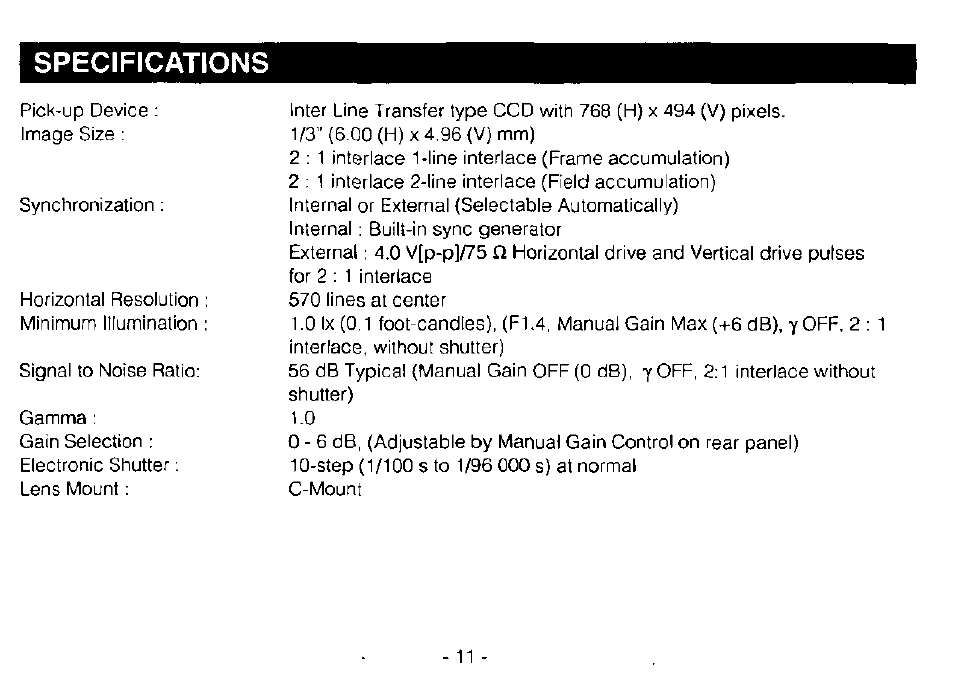 Specifications | Panasonic GP-MF130 User Manual | Page 13 / 16