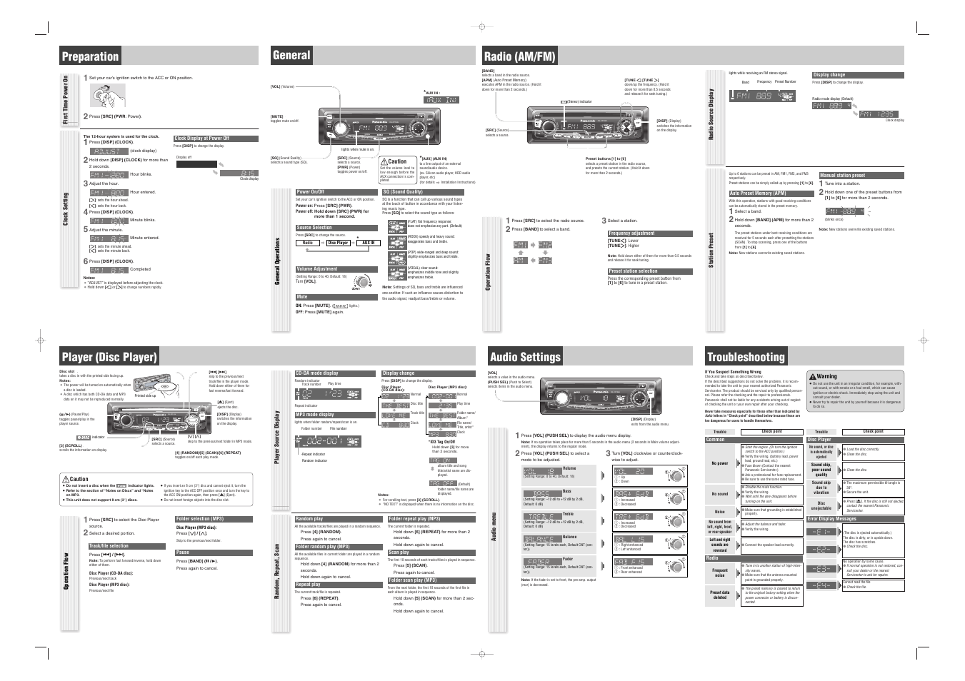 Preparation, General, Radio (am/fm) | Player (disc player), Audio settings, Troubleshooting | Panasonic CQ-CP134U User Manual | Page 15 / 16