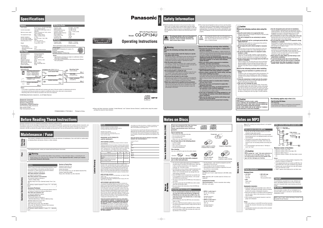 Specifications, Cq-c1401u, Cq-cp134u operating instructions | Safety information, Before reading these instructions, Maintenance / fuse | Panasonic CQ-CP134U User Manual | Page 16 / 16