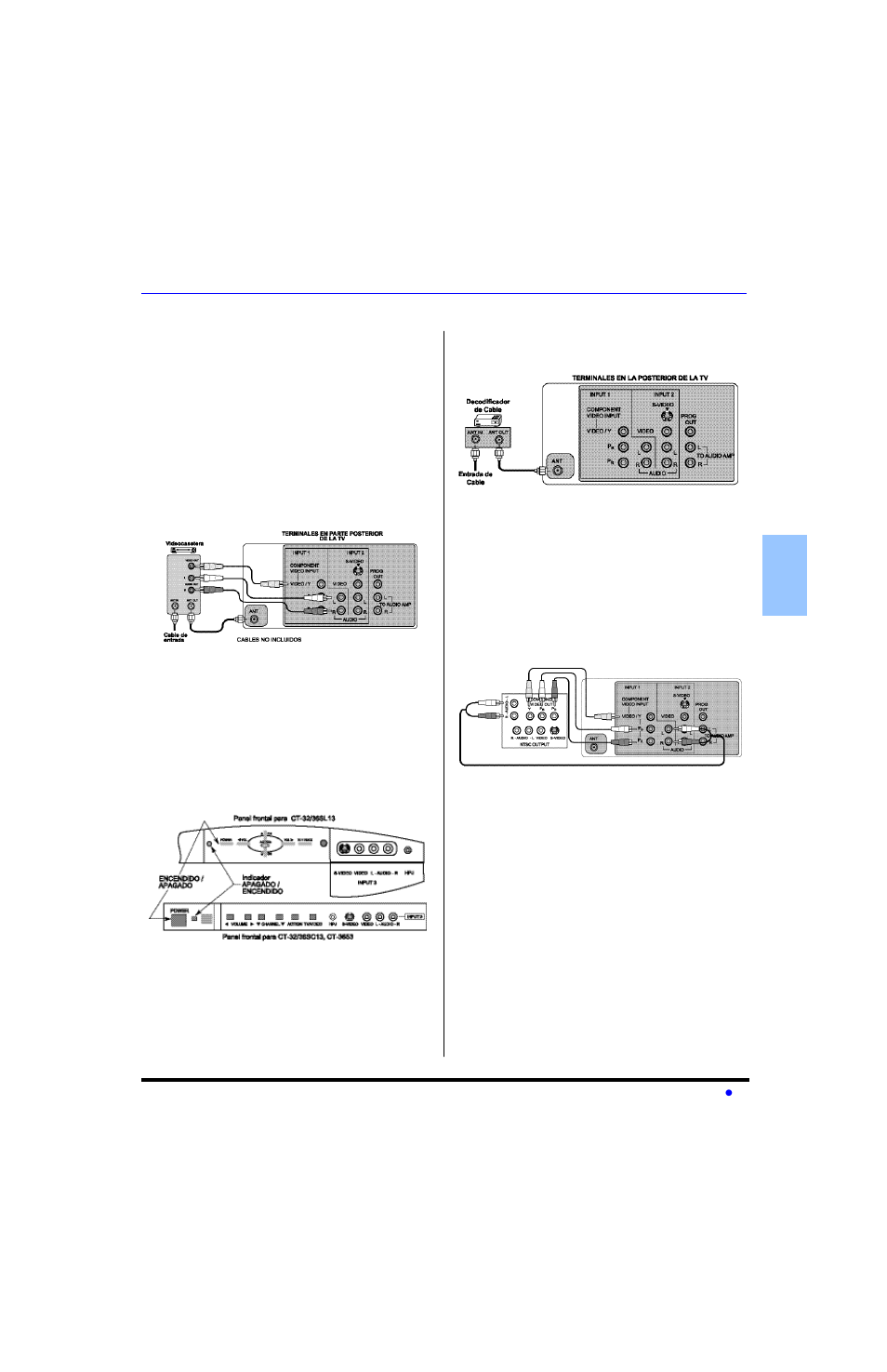Conexiones de equipo opcional, Conexion de la videocasetera, Panel de control frontal | Conexion del decodificador de cable, Conexion del decodificador de television digital | Panasonic CT-32SL13 User Manual | Page 31 / 81
