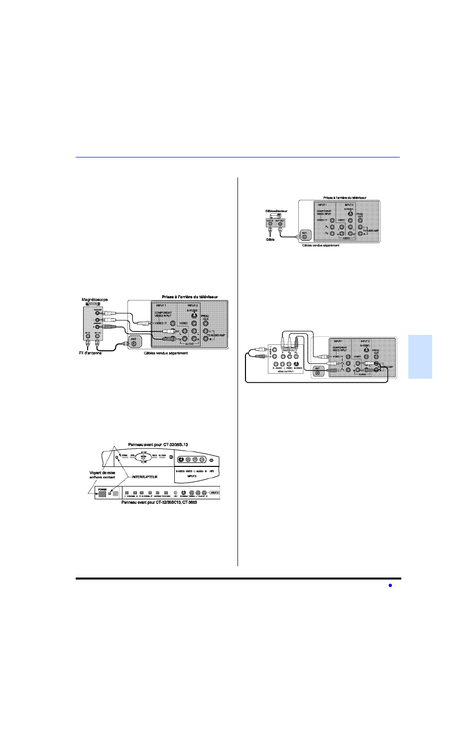 Branchement d'appareils auxiliaires, Branchement a un magnetoscope, Panneau avant des commandes | Branchement a un cabloselecteur, Branchement d ’ appareils auxiliaires | Panasonic CT-32SL13 User Manual | Page 55 / 81