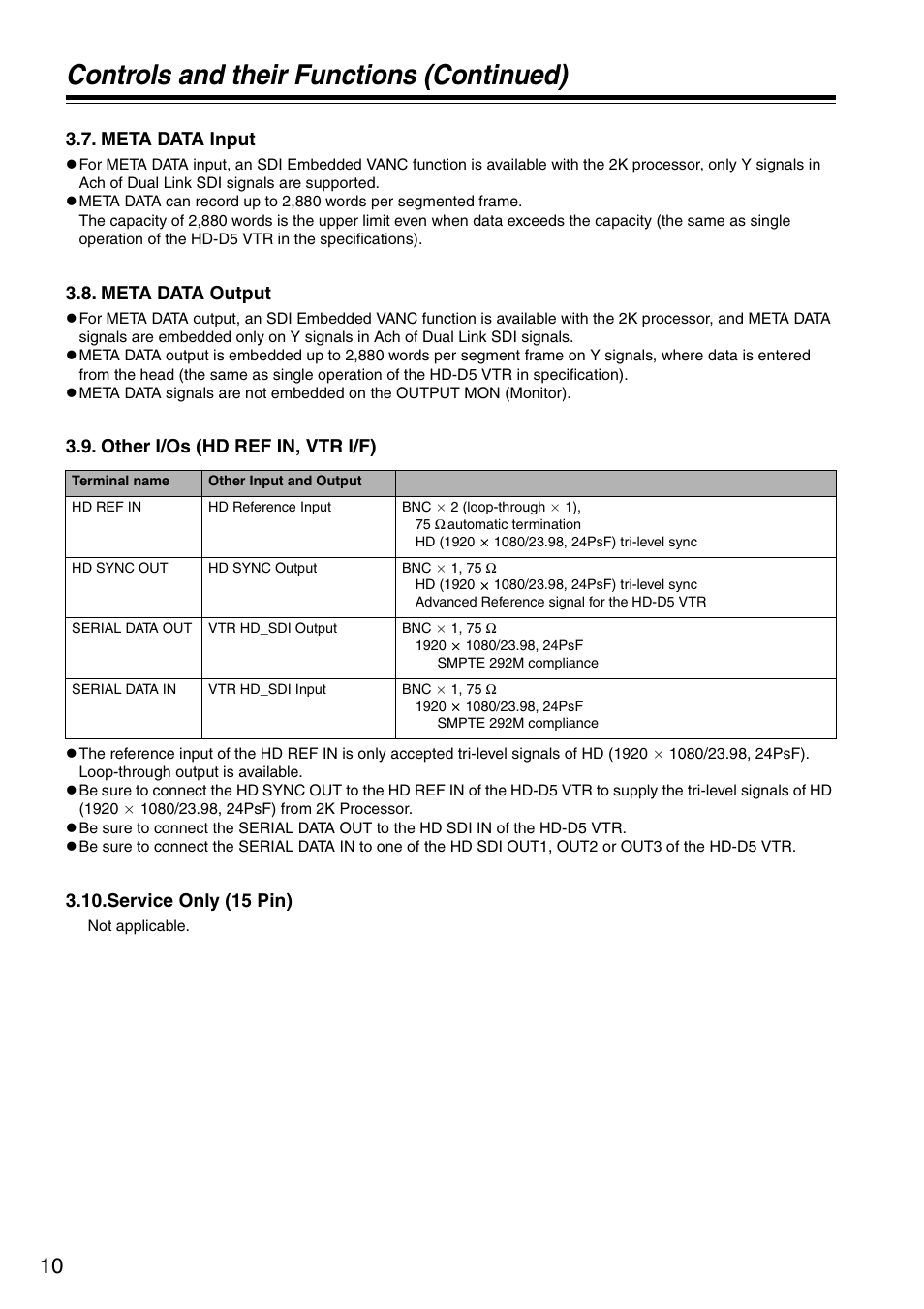 Meta data input, Meta data output, Other i/os (hd ref in, vtr i/f) | Service only (15 pin), Controls and their functions ( continued) | Panasonic AJ-HDP2000P User Manual | Page 10 / 20