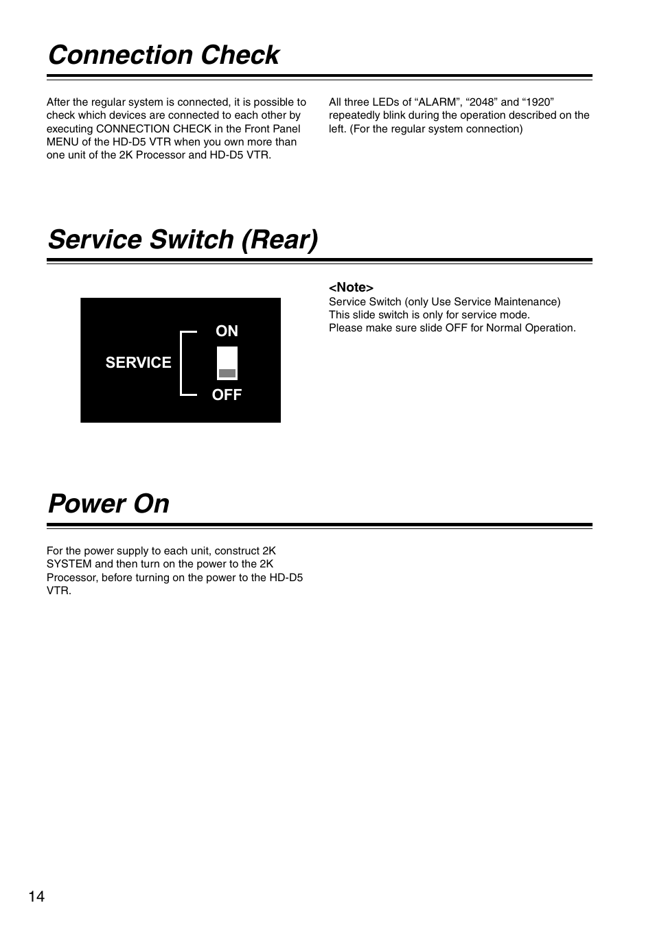 Connection check, Service switch (rear), Power on | Panasonic AJ-HDP2000P User Manual | Page 14 / 20