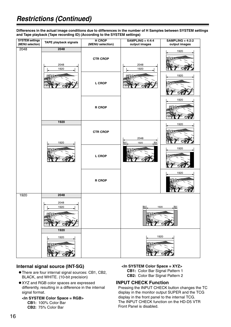 Restrictions (continued), Internal signal source (int-sg), Input check function | Panasonic AJ-HDP2000P User Manual | Page 16 / 20