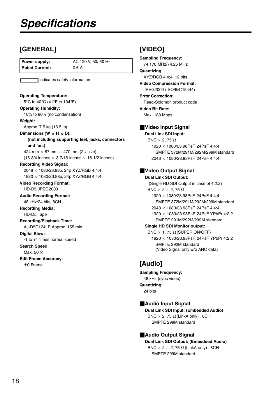 Specifications, General, Video | Audio | Panasonic AJ-HDP2000P User Manual | Page 18 / 20