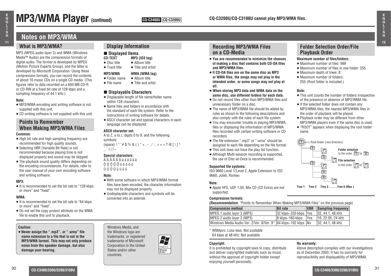 Mp3/wma player | Panasonic CQ-C3100U User Manual | Page 10 / 13