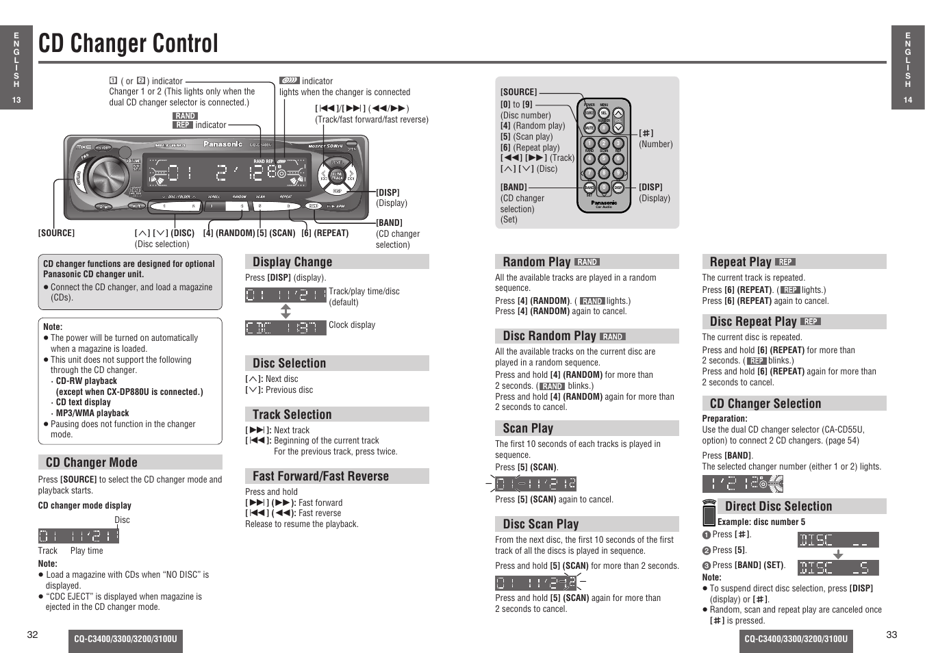 Cd changer control, Disc selection, Track selection | Fast forward/fast reverse, Cd changer mode, Random play, Disc random play, Scan play, Disc scan play, Repeat play | Panasonic CQ-C3100U User Manual | Page 11 / 13