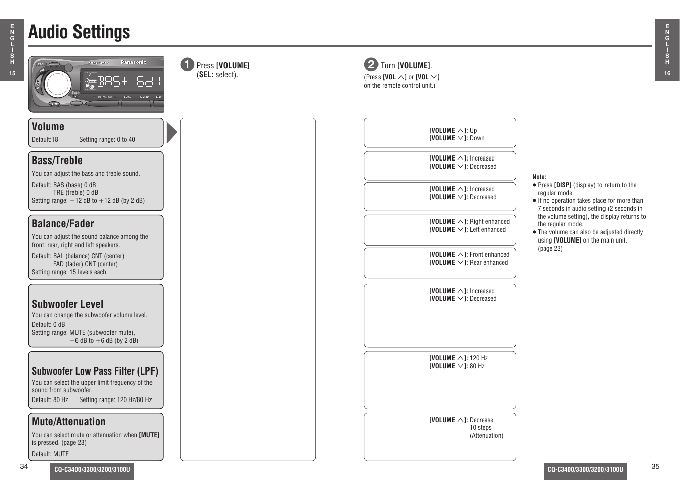 Audio settings, Volume, Bass/treble | Balance/fader, Subwoofer level, Subwoofer low pass filter (lpf), Mute/attenuation | Panasonic CQ-C3100U User Manual | Page 12 / 13