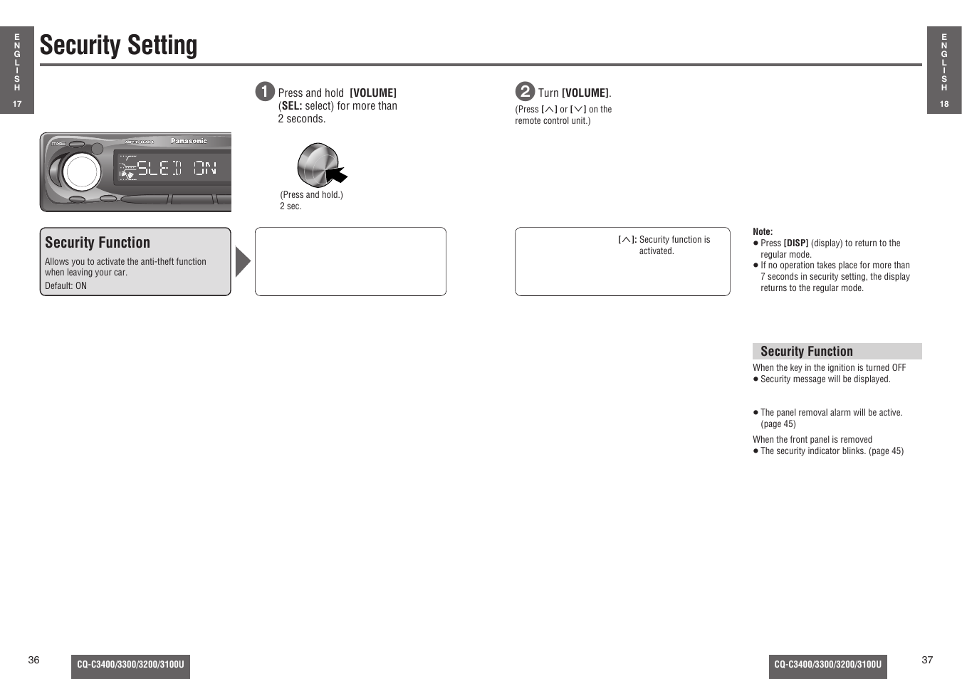 Security setting, Security function | Panasonic CQ-C3100U User Manual | Page 13 / 13