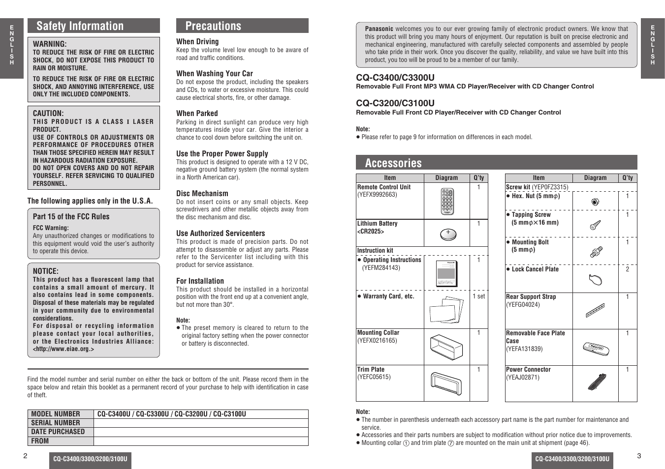 Safety information, Precautions, Accessories | Scan menu number 8 0 | Panasonic CQ-C3100U User Manual | Page 2 / 13