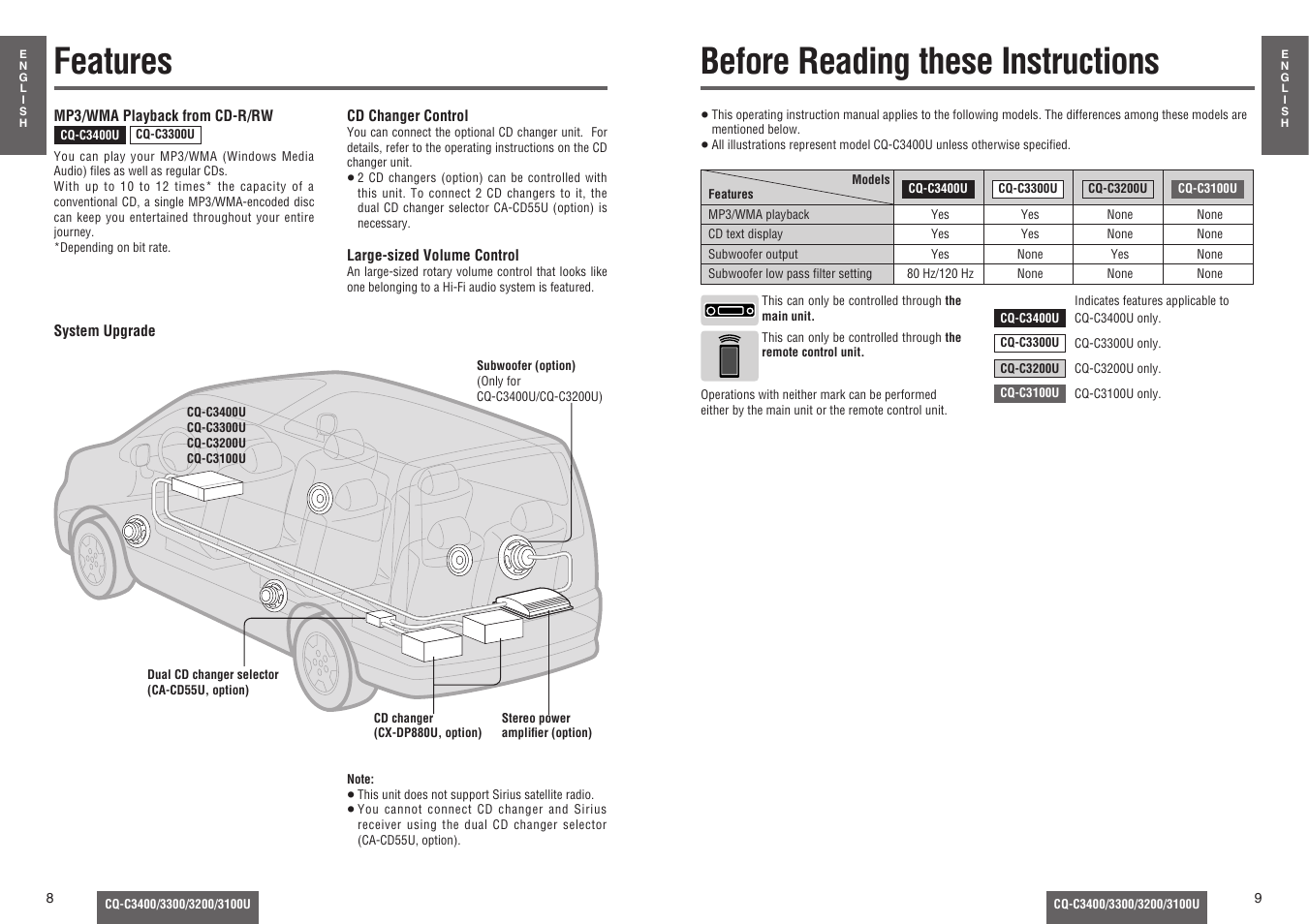 Before reading these instructions, Features | Panasonic CQ-C3100U User Manual | Page 3 / 13