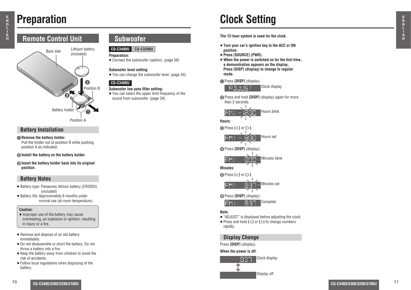 Preparation, Clock setting, Remote control unit | Subwoofer | Panasonic CQ-C3100U User Manual | Page 4 / 13