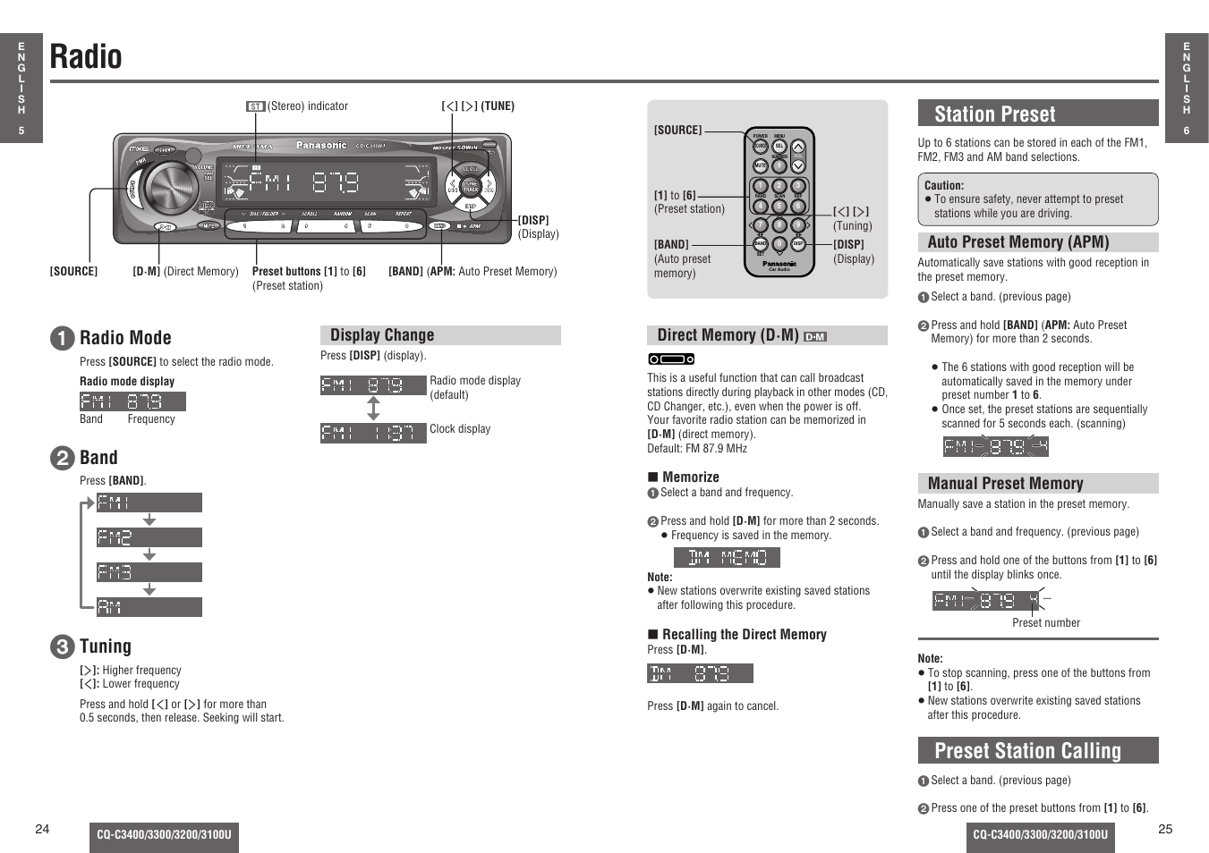 Radio, Preset station calling, Station preset | Radio mode, Band, Tuning | Panasonic CQ-C3100U User Manual | Page 7 / 13