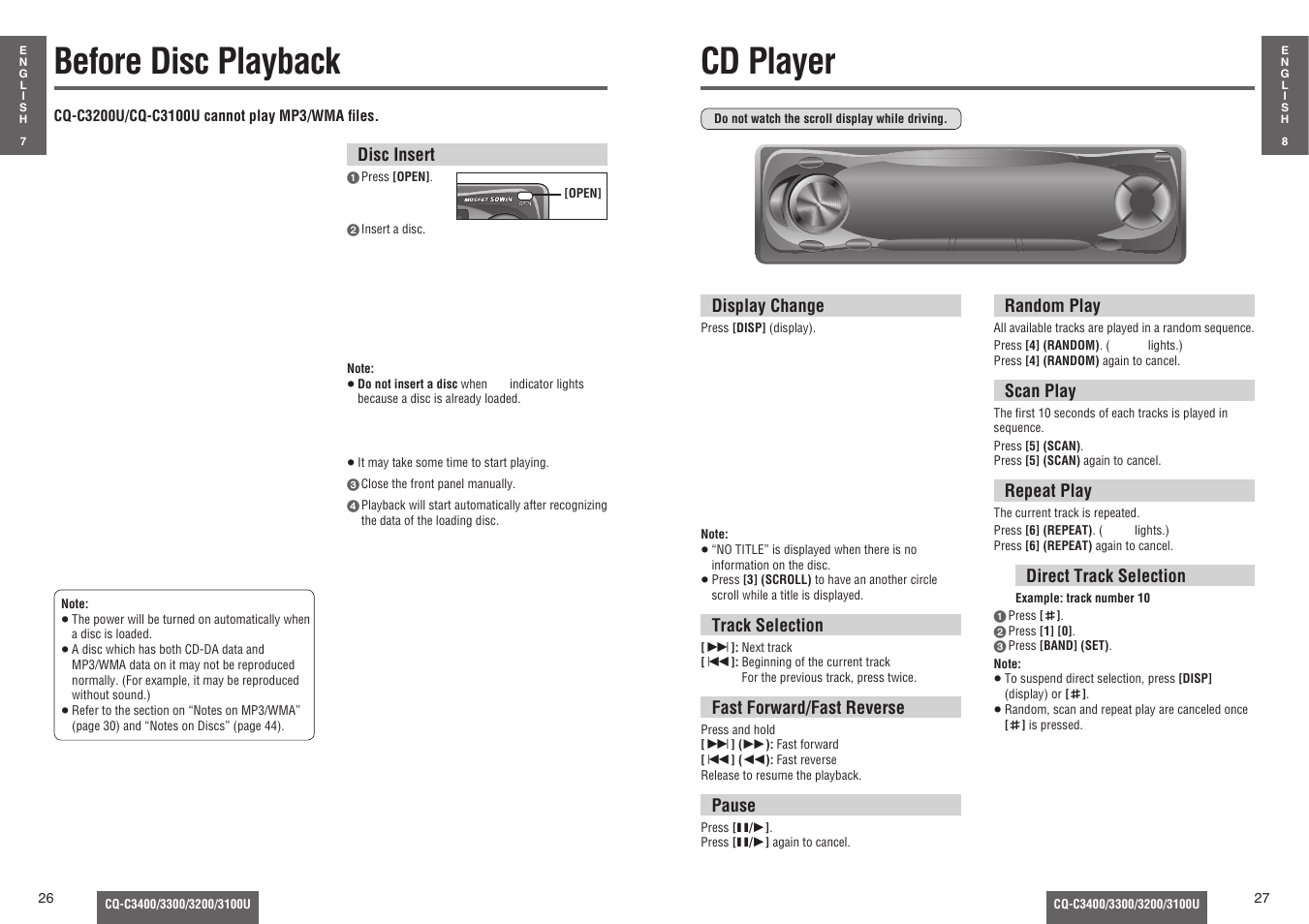 Before disc playback, Cd player | Panasonic CQ-C3100U User Manual | Page 8 / 13