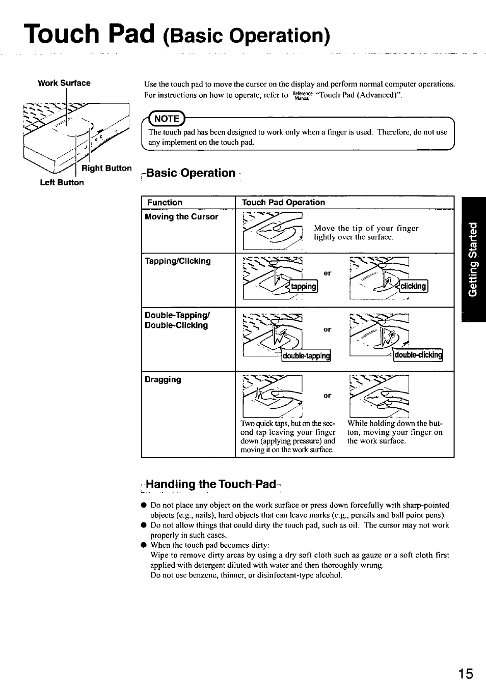 Touch pad (basic operation), Right button basic operation, Handling the touch pad | Touch pad, Basic operation) | Panasonic CF-48 User Manual | Page 15 / 38