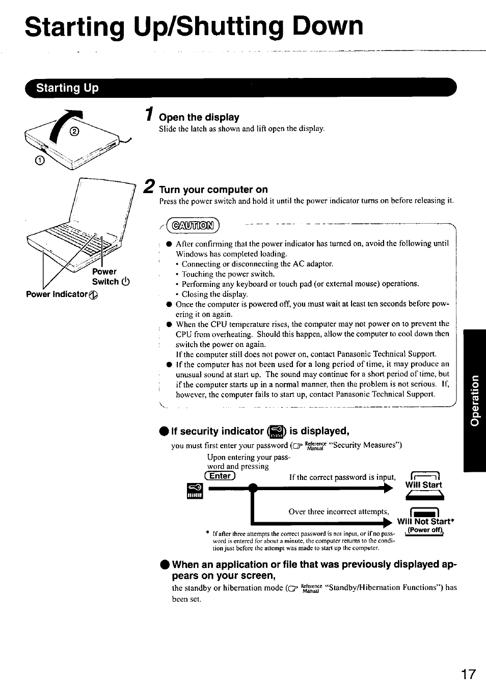 Starting up/shutting down, Starting up, Will not start | Panasonic CF-48 User Manual | Page 17 / 38