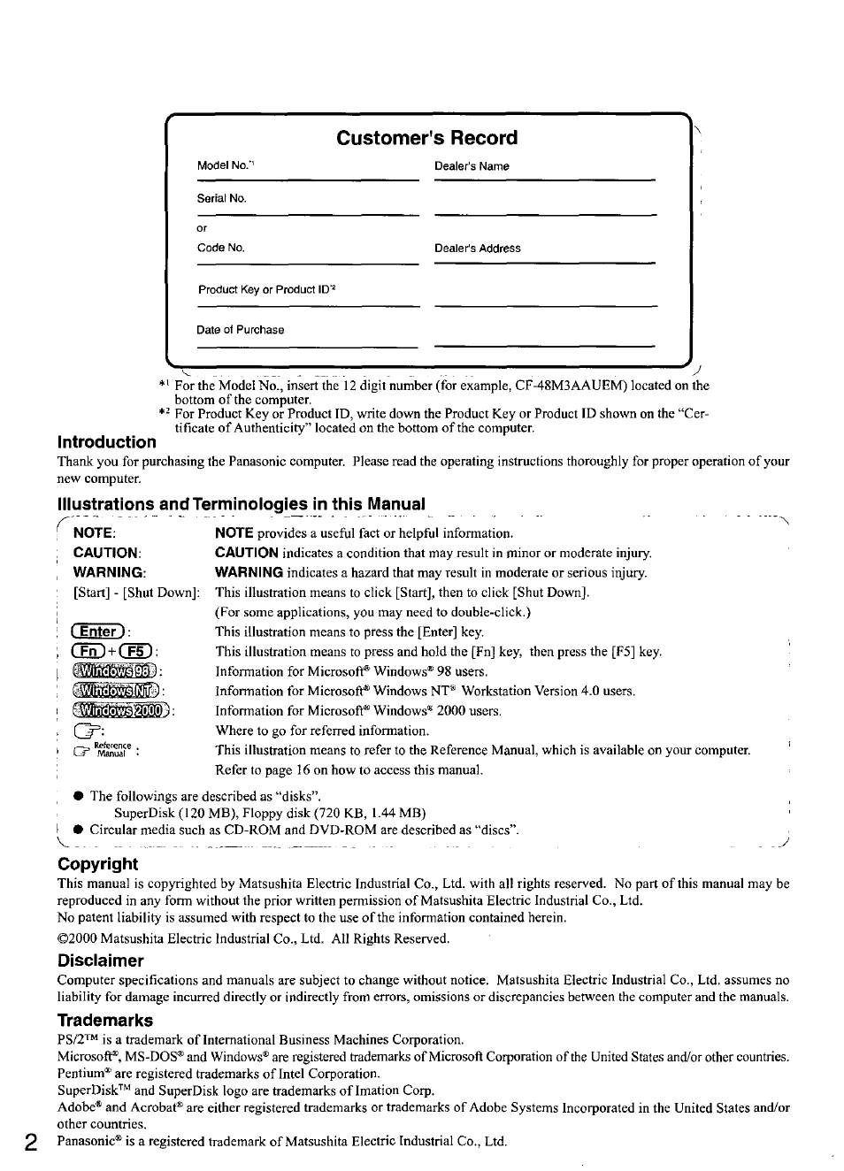 Customer's record, Note, Caution | Warning, Enter ), Introduction, Illustrations and terminologies in this manual, Copyright, Disclaimer, Trademarks | Panasonic CF-48 User Manual | Page 2 / 38