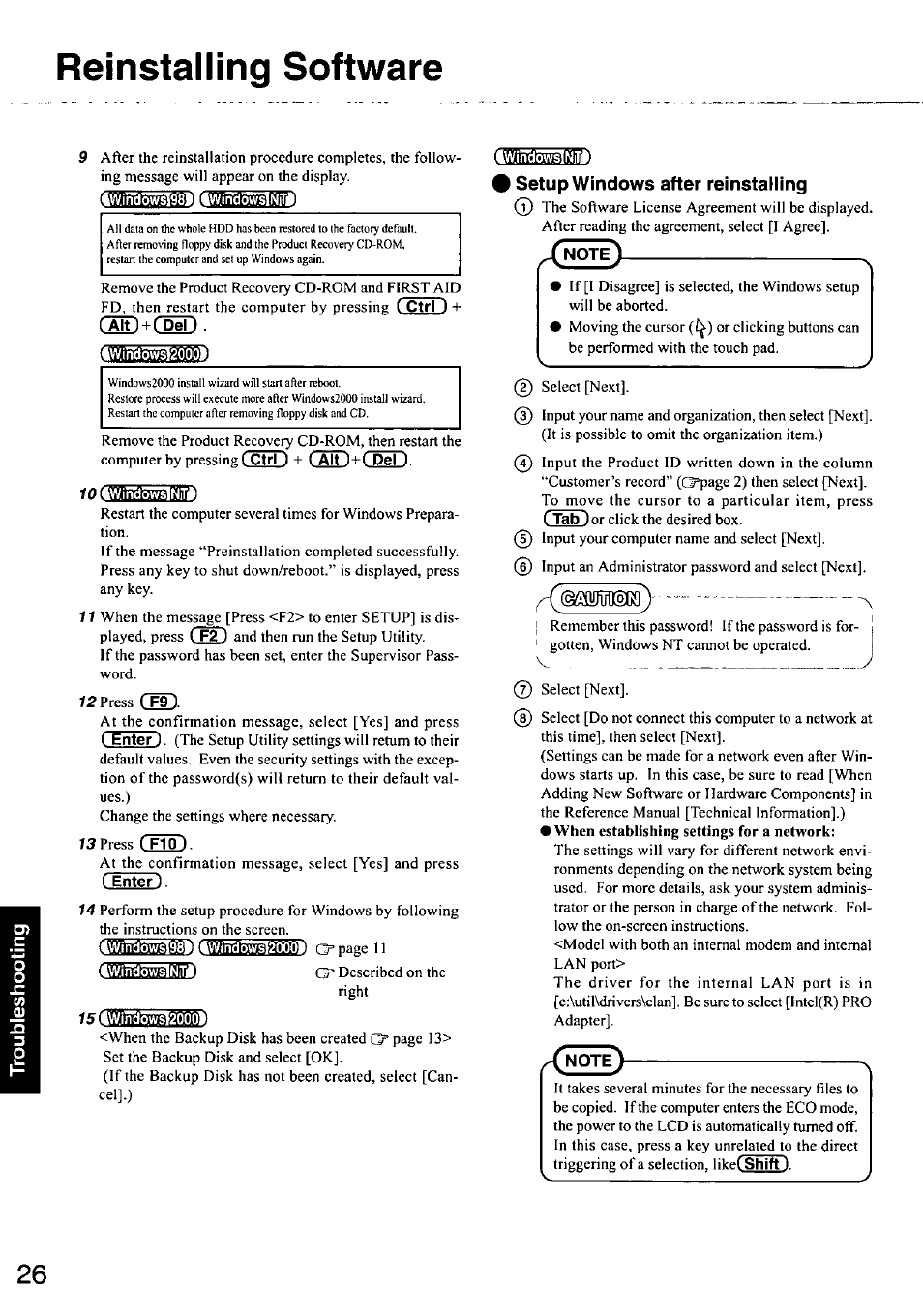 Reinstalling software, Avürin3ö;^2^0.0.01, Enter) | Cwj n do^^2wl, Windcivi^nitm, Reinstalling, Software, Setup windows after reinstalling | Panasonic CF-48 User Manual | Page 26 / 38