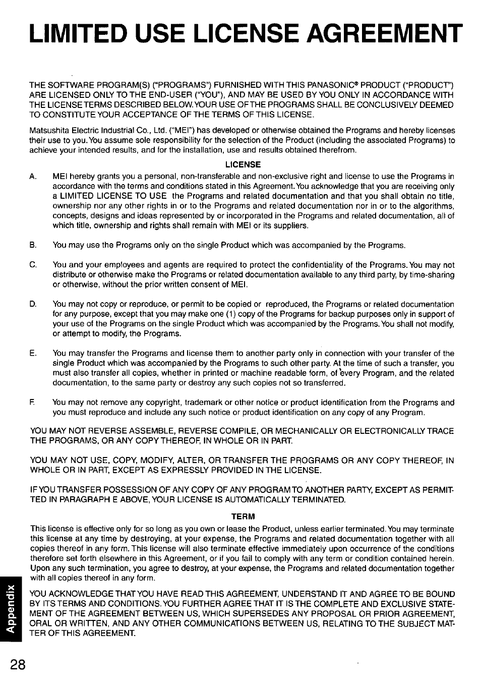 Limited use license agreement | Panasonic CF-48 User Manual | Page 28 / 38