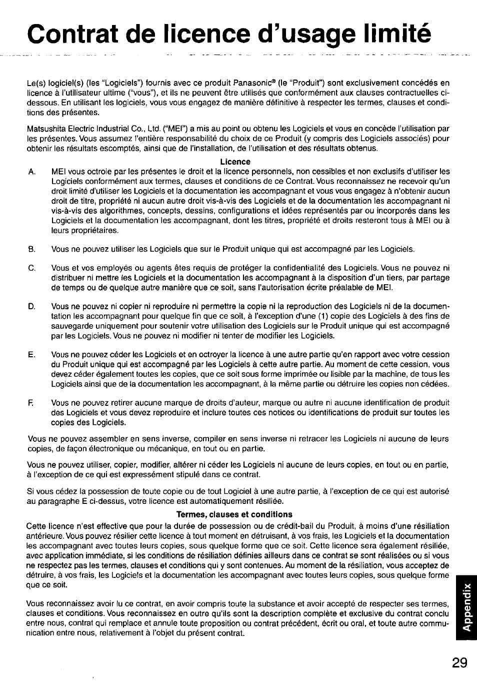 Contrat de licence d’usage limité, Licence | Panasonic CF-48 User Manual | Page 29 / 38